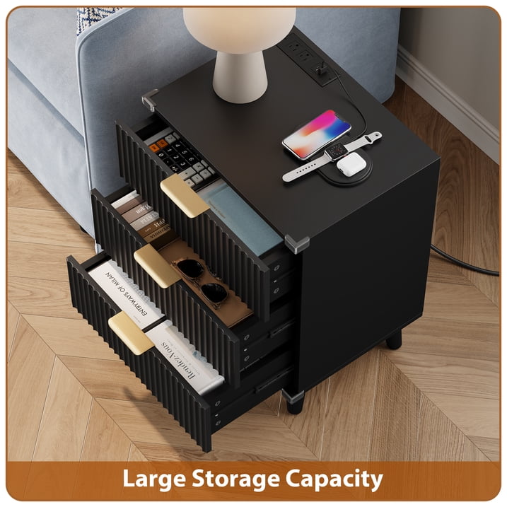 Aufeile 3 Piece Dresser and Nightstand Set for Bedroom, Boho 6 Drawer Dresser & Nightstands Set of 2 with 3 Drawers & USB Charging, Fluted Wood Storage Cabine, Modern Bedroom Furniture Set, Black