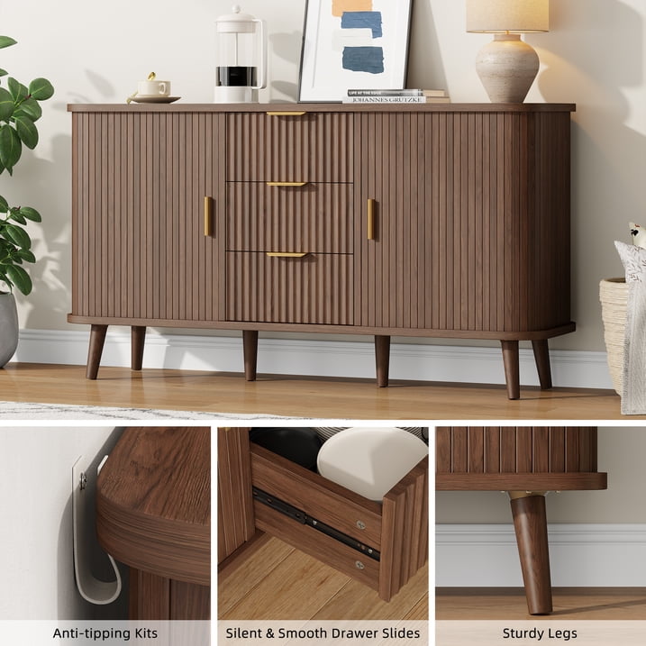 Aufeile Sideboard Buffet Cabinet, 55" Storage Cabinet with 3 Drawers and Adjustable Shelves, Modern Accent Cabinet for Kitchen, Dining Living Room, Entryway, Hallway, Walnut