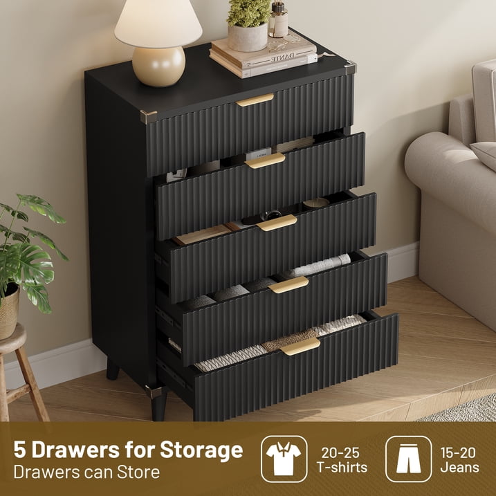 Aufeile 39.4" Tall Dresser for Bedroom, 5 Drawer Fluted Wood Dresser, Modern Chest of Drawers with Wave Panel, Slim Storage Cabinet for Small Spaces, Black