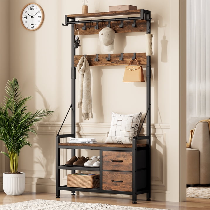 Aufeile Hall Tree with Bench, 6-in-1 Entryway Storage Organizer with Shoe Rack, 17 Hooks, 2 Drawers, Hanging Rod & Top Shelf, Industrial Coat Rack for Hallway, Living Room, Brown