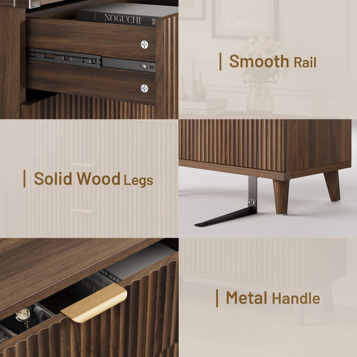 Aufeile 4 Piece Boho Dresser Set for Bedroom, 6 Drawer Dresser, 5 Drawer Tall Dresser & 2 Nightstands with & USB Charging, Fluted Wood Bedroom Furniture Set, Walnut