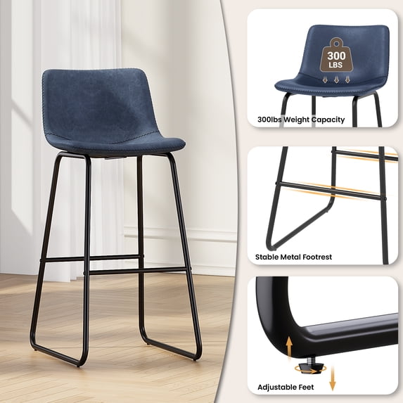 Aufeile 30" Counter Height Bar Stools Set of 3 – Modern Faux Leather Barstools with Back & Metal Legs, Kitchen Bar Chairs for Island, Dining Room, Blue