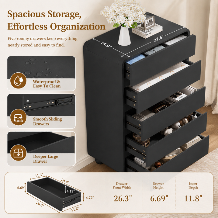 Aufeile 5 Drawer Wood Dresser Set of 2, 41" Tall Vertical Chest of Drawers with Curved Design, Modern Storage Cabinets for Bedroom, Living Room & Entryway, Black