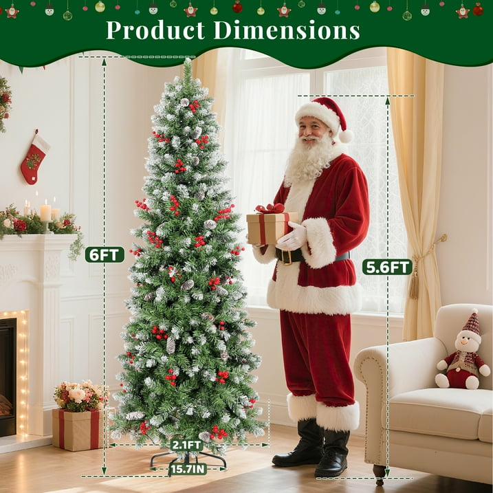 Aufelie 6FT Pre-lit Pencil Christmas Tree, Artificial Green Xmas Trees with 600 Hinged Branch & 200 LED Lights, Slim Christmas Tree with 40 Pine Cones & 280 Red Berries for Holiday Decoration