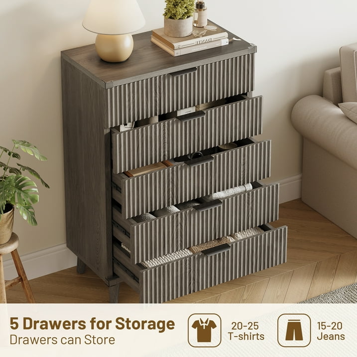 Aufeile 5 Drawer Tall Dresser for Bedroom, Fluted Chest of Drawers with Wave Panel Design & Metal Handles, Slim Wood Storage Dresser for Closet for Apartment & Small Spaces, Dark Grey Oak