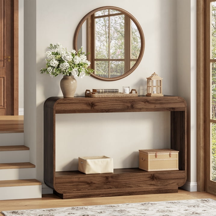 Aufeile 43" Entryway Table, Curved Console Table for Entryway, 2-Tier Wood Sofa Table with Open Storage Shelves Behind the Couch, Narrow Entry Table for Hallway Entrance Foyer, Walnut