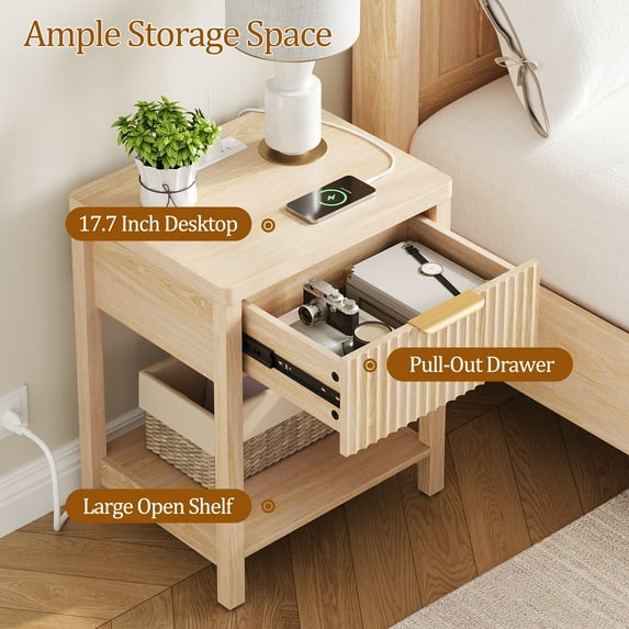 Aufeile Fluted Nightstand with Charging Station, Modern Bedside Table with Drawer & Open Shelf, End Table with 2 AC Outlets, USB & Type-C Ports for Bedroom or Living Room, Natural