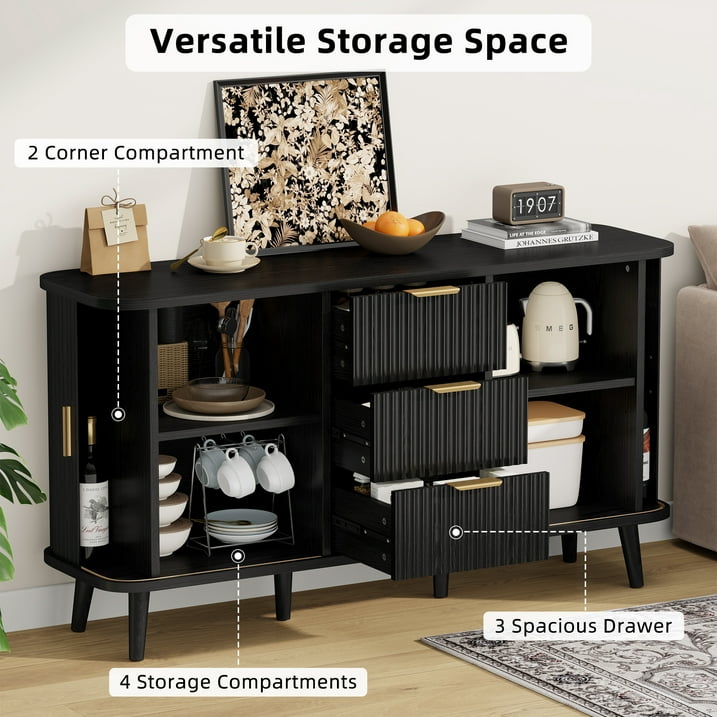 Aufeile Sideboard and Buffet, 55" Storage Cabinet with 3 Drawers and Adjustable Shelves, Modern Accent Cabinet for Kitchen, Dining Living Room, Entryway, Hallway, Black