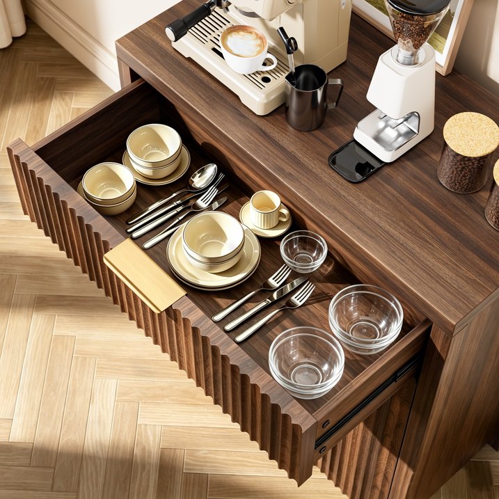 Aufeile 85" W Sideboard Buffet Cabinet with Storage Drawers, Set of 3 Fluted Accent Cabinet with Adjustable Shelves, Modular Storage Cabinet for Dining Room, Kitchen, Living Room, Walnut