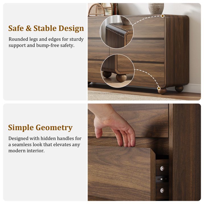Aufeile Bedroom Dresser and Nightstand 3 Piece Set, 53" 6 Drawer Wood Dresser & Nightstand Set of 2 with Charging Station, Modern Curved Bedroom Furniture Set, Chest of Drawers, Walnut