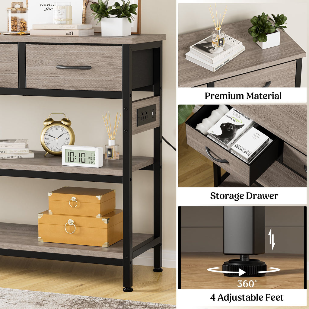 Aufeile 43" Narrow Console Table, Entryway Table with 3 Drawers and Outlets, Fabirc Sofa Table with Open Shelves for Couch, Hallway, Foyer, Living Room, Gray