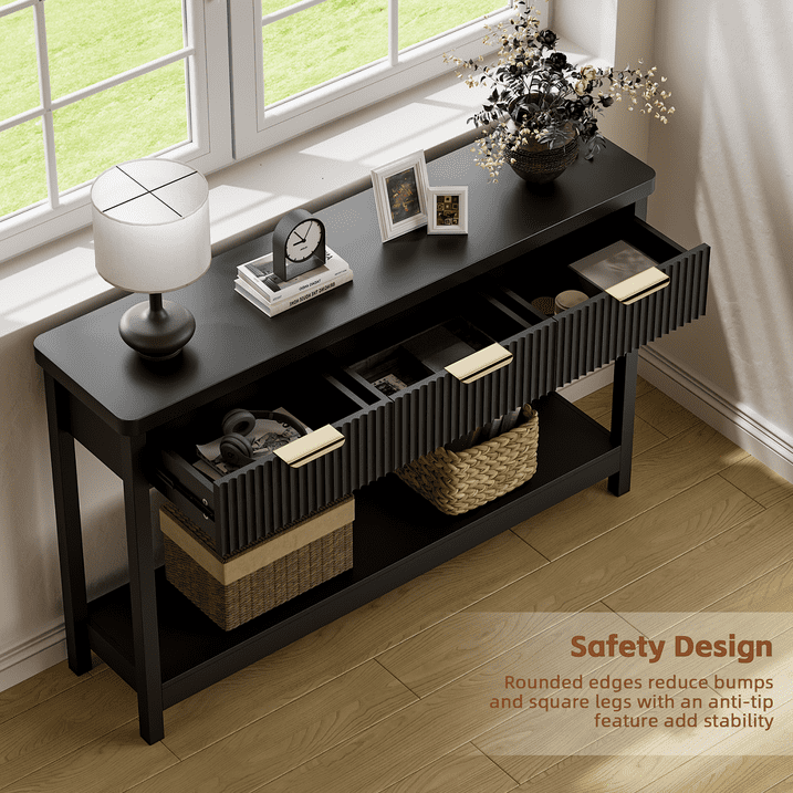 Aufeile 51" Console Table, Fluted Entryway Table with 3 Storage Drawers and Open Shelf, Narrow Sofa Table for Living Room, Hallway, Behind Couch, Black