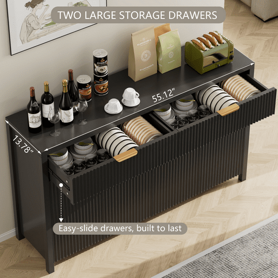 Aufeile Fluted Buffet Cabinet with 2 Drawers, 55L Large Sideboard Credenza with Adjustable Shelf for Dining Room Storage Cabinet, Kitchen Pantry Organizer, Coffee Bar Station, Black