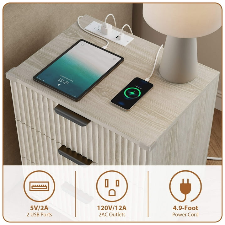 Aufeile 4 Piece Boho Dresser Set for Bedroom, 6 Drawer Dresser, 5 Drawer Tall Dresser & 2 Nightstands with 3 Drawers & USB Charging, Fluted Wood Bedroom Furniture Set, White Oak
