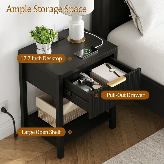 Aufeile Fluted Nightstand with Charging Station, Modern Bedside Table with Drawer & Open Shelf, End Table with 2 AC Outlets, USB & Type-C Ports for Bedroom or Living Room, Black