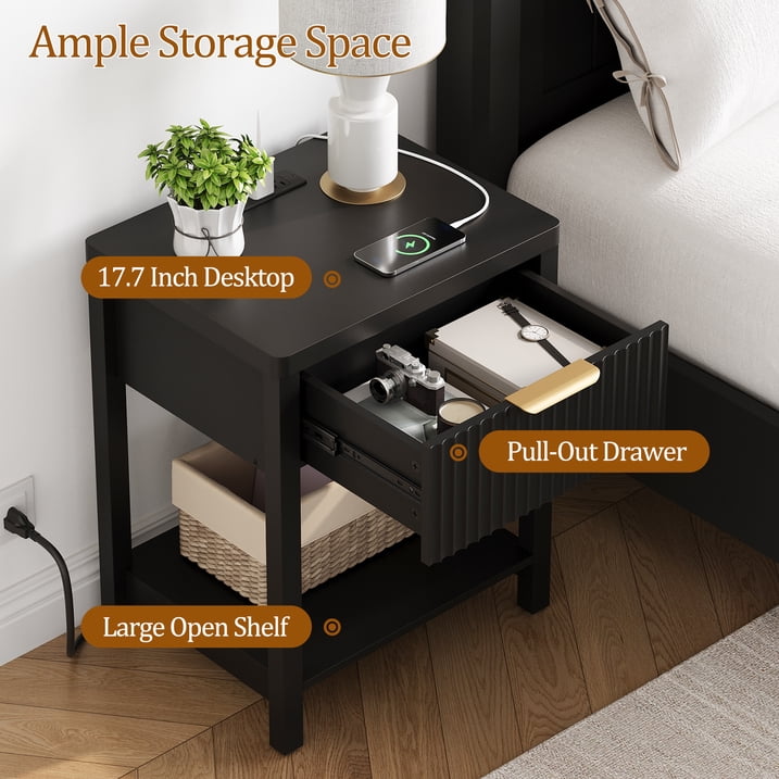 Aufeile 3 Piece Dresser and Nightstand Set for Bedroom, Boho 6 Drawer Dresser & 2 Nightstands with USB Charging, Fluted Wood Storage Cabine, Modern Bedroom Furniture Set, Black
