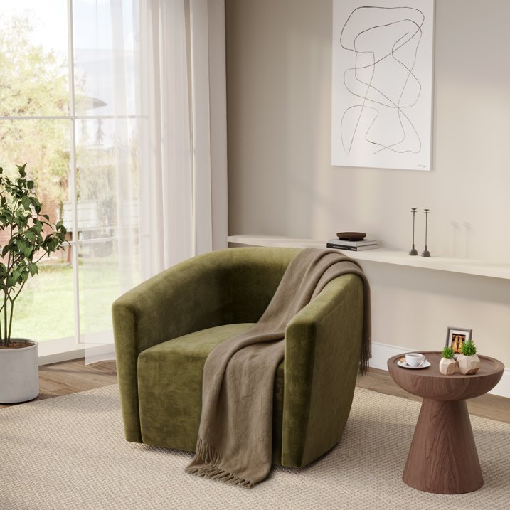 Aufeile Swivel Barrel Accent Chair for Living Room, Modern Round 360° Swivel Chair with Curve Back, Comfy Upholstered Single Sofa Chair for Bedroom and Coffee, Green