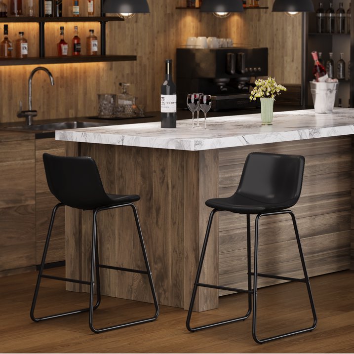 Aufeile 26" Counter Height Bar Stools Set of 2 – Modern Faux Leather Barstools with Back & Metal Legs, Kitchen Bar Chairs for Island, Dining Room, Black