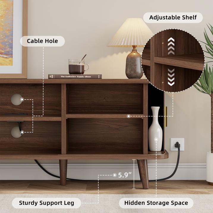 Aufeile TV Stand for 65 Inch TV, 59" Modern TV Stand with Power Outlet, Entertainment Center for Living Room, Fluted TV Console & Mueble Para TV with 2 Sliding Tambour Doors, Walnut