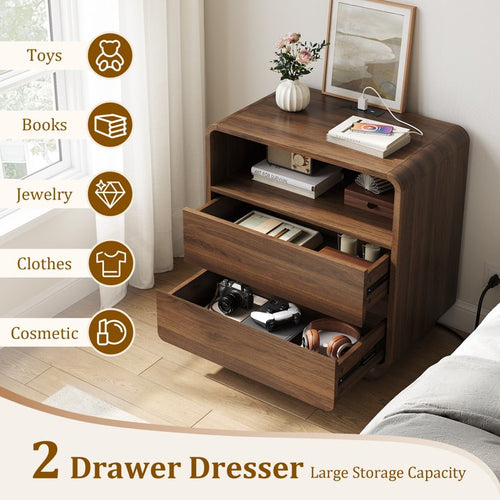Aufeile 2 Drawer Nightstand with Charging Station, Wood Bedside Table with Open Shelf, Curved Storage Cabinet with USB & Type-C Ports for Bedroom, Living Room, Walnut