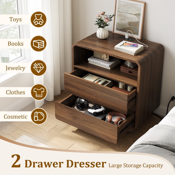 Aufeile Nightstand Set of 2 with Charging Station, Wood Bedside Tables with 2 Drawers & Open Shelf, Curved Storage Cabinets for Bedroom, Living Room, Walnut