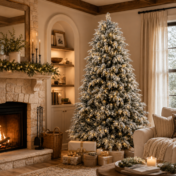 Aufeile 6FT Pre-Lit Snow Flocked Christmas Tree, PE Mixed Artificial Christmas Tree with 1,120 Tips, 300 Warm White Lights, Realistic Flocked Spruce Cedar Xmas Tree for Indoor Holiday Decor
