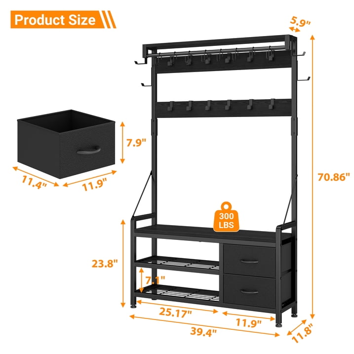 Aufeile 6-in-1 Hall Tree with Bench, Wide Entryway Bench with Shoe Storage, 24 Hooks, 2 Drawers, Hanging Rod & Shelf, Heavy Duty Coat Rack for Hallway, Living Room, Black