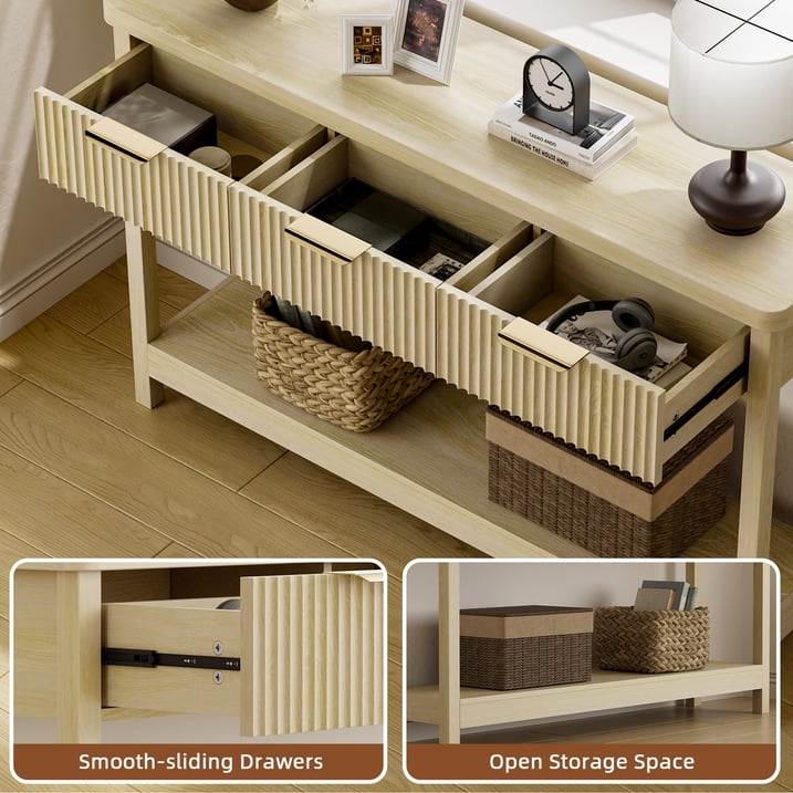 Aufeile 51" Entryway Table, Fluted Console Table with 3 Storage Drawers and Open Shelf, Narrow Couch Sofa Table for Living Room Hallway Entrance Foyer, Natural Oak