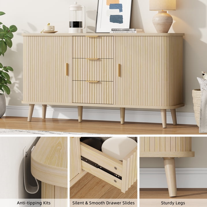Aufeile Sideboard Buffet Cabinet, 55" Storage Cabinet with 3 Drawers and Adjustable Shelves, Modern Accent Cabinet for Kitchen, Dining Living Room, Entryway, Hallway, Natural Oak
