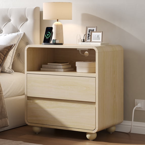 Aufeile End Table with Charging Station, 23.6" Wood Side Table with 2 Drawers & Open Shelf, Modern Accent Table for Living Room, Bedroom or Bedside, Natural