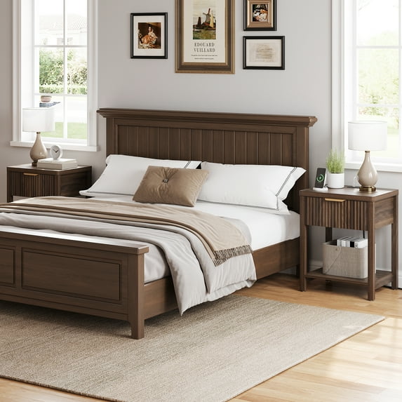 Aufeile Fluted Nightstand with Charging Station, Modern Bedside Table with Drawer & Open Shelf, End Table with 2 AC Outlets, USB & Type-C Ports for Bedroom or Living Room, Walnut