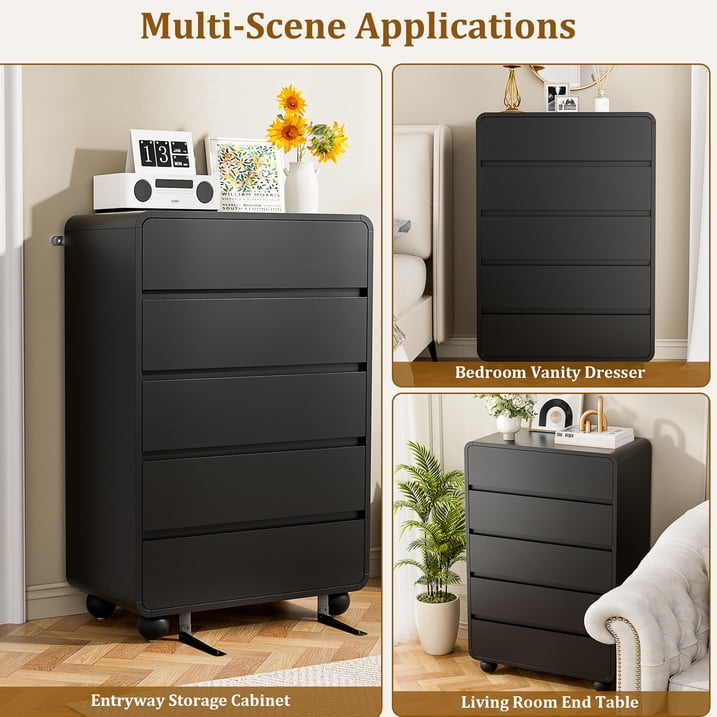 Aufeile 41" Tall Dresser for Bedroom, 5 Drawer Modern Wood Dresser with Curved Profile, Chest of Drawers for Bedroom, Vertical Storage Cabinet for Living Room, Entryway, Black