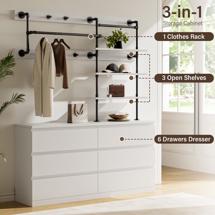 Aufeile 6 Drawer Dresser for Bedroom, 77" Tall Chest of Drawers with Hanging Rack, Industrial Wood Bedroom Dresser, Large Drawer Dresser Closet Organizer for Adults, White