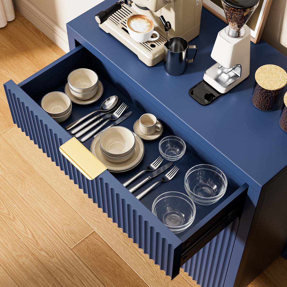 Aufeile Set of 3 Sideboard Buffet Cabinet with Storage, Modern Modular Fluted Accent Cabinet with 3 Drawers & Adjustable Shelves for Dining Room Living Room, Blue