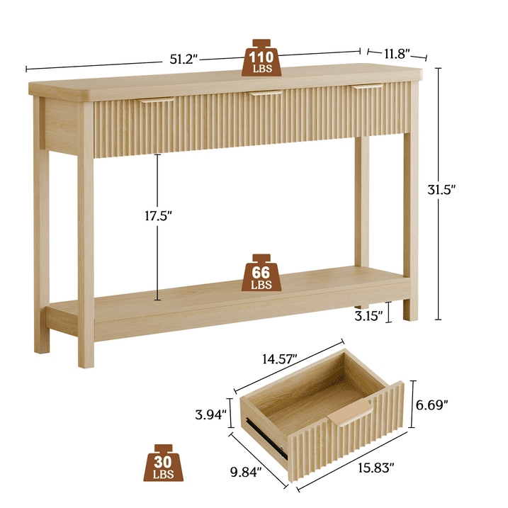 Aufeile 51" Entryway Table, Fluted Console Table with 3 Storage Drawers and Open Shelf, Narrow Couch Sofa Table for Living Room Hallway Entrance Foyer, Natural Oak