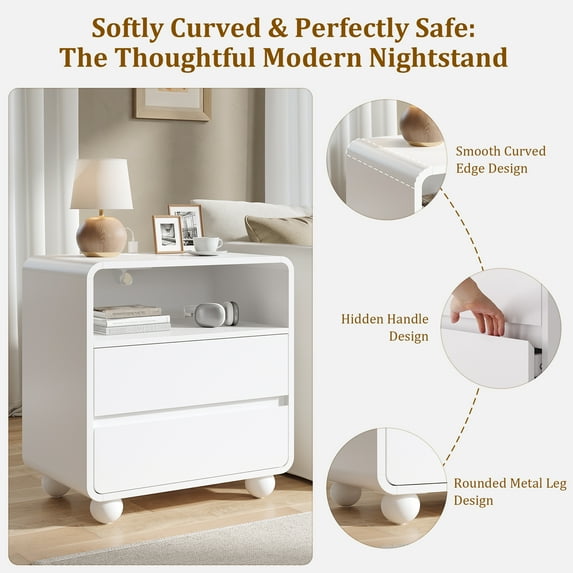 Aufeile Nightstands Set of 2 for Bedroom with Charging Station, 23.6" Wide Bedside Tables with 2 Drawers & Shelf, Modern Curved Wood Night Stand Set for Bedroom or Living Room, White