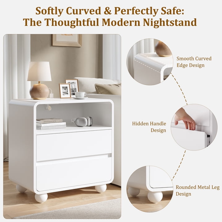 Aufeile Curved Wood End Table with Charging Station, 23.6" Large Side Table with 2 Drawers & Storage Shelf, Modern Accent End Table for Living Room or Bedroom, White