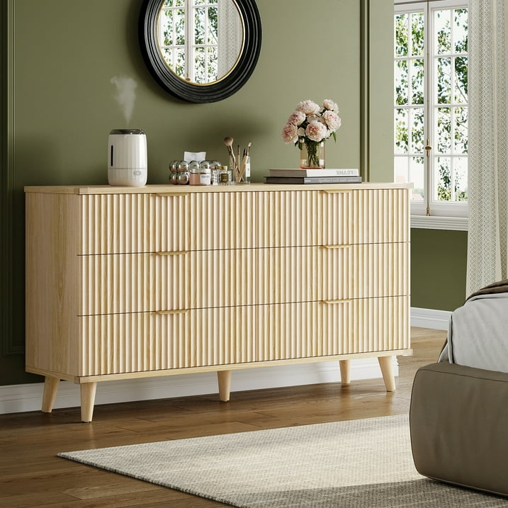 Aufeile 6 Drawer Dresser for Bedroom, 53" Wood Dressers for Bedroom, Modern Fluted Dresser & Bedroom Dresser for Adults, Long Dresser for Bedroom TV Stand, Natural Oak