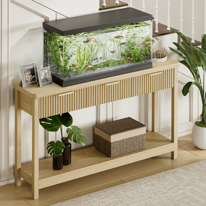 Aufeile 51" Entryway Table, Fluted Console Table with 3 Storage Drawers and Open Shelf, Narrow Couch Sofa Table for Living Room Hallway Entrance Foyer, Natural Oak
