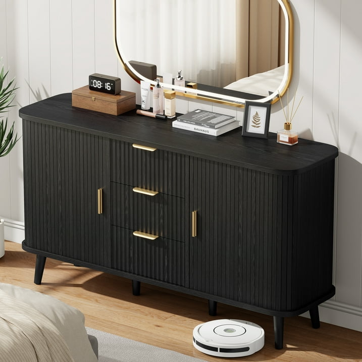 Aufeile Sideboard and Buffet, 55" Storage Cabinet with 3 Drawers and Adjustable Shelves, Modern Accent Cabinet for Kitchen, Dining Living Room, Entryway, Hallway, Black