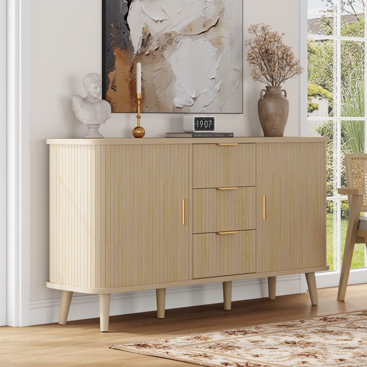 Aufeile Sideboard Buffet Cabinet, 55" Storage Cabinet with 3 Drawers and Adjustable Shelves, Modern Accent Cabinet for Kitchen, Dining Living Room, Entryway, Hallway, Natural Oak