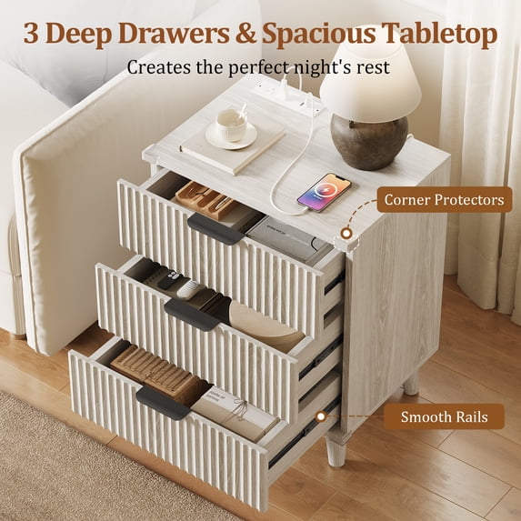 Aufeile Nightstand with Charging Station, 3 Drawer Nightstand for Bedroom, Fluted Bedside Table with USB Ports, Modern Wood Bedroom Side Table with Drawers, White Oak