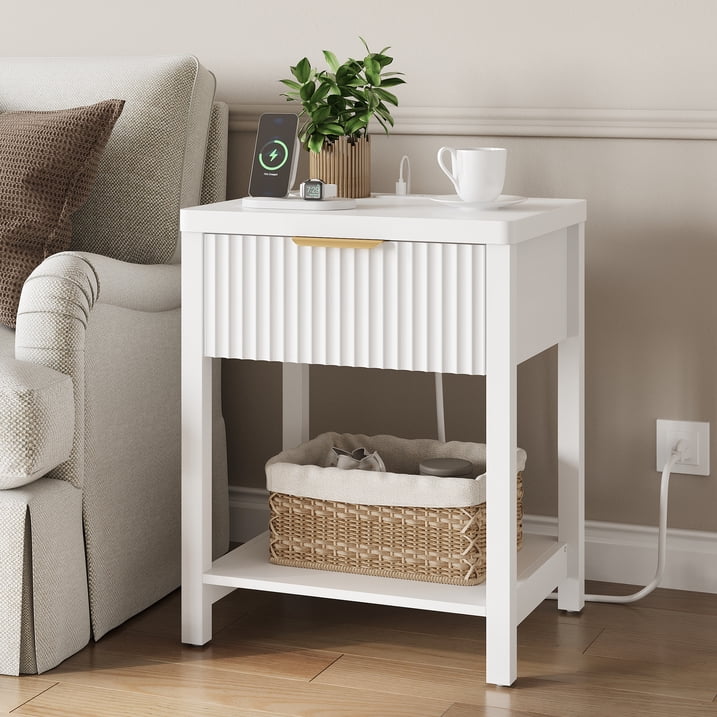 Aufeile Nightstand for Bedroom Set of 2 with Charging Station, Modern Side Table with Drawer & Open Shelf, Fluted End Table with 2 AC Outlets, USB & Type-C, White
