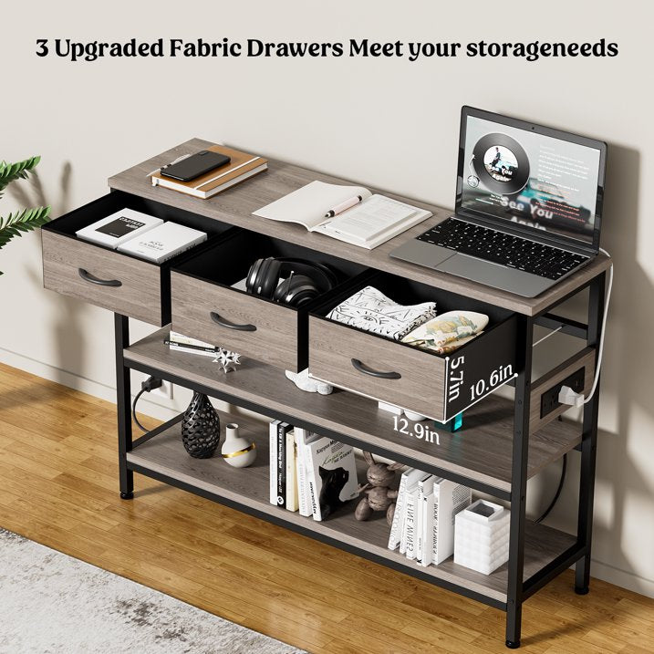 Aufeile 43" Narrow Console Table, Entryway Table with 3 Drawers and Outlets, Fabirc Sofa Table with Open Shelves for Couch, Hallway, Foyer, Living Room, Gray