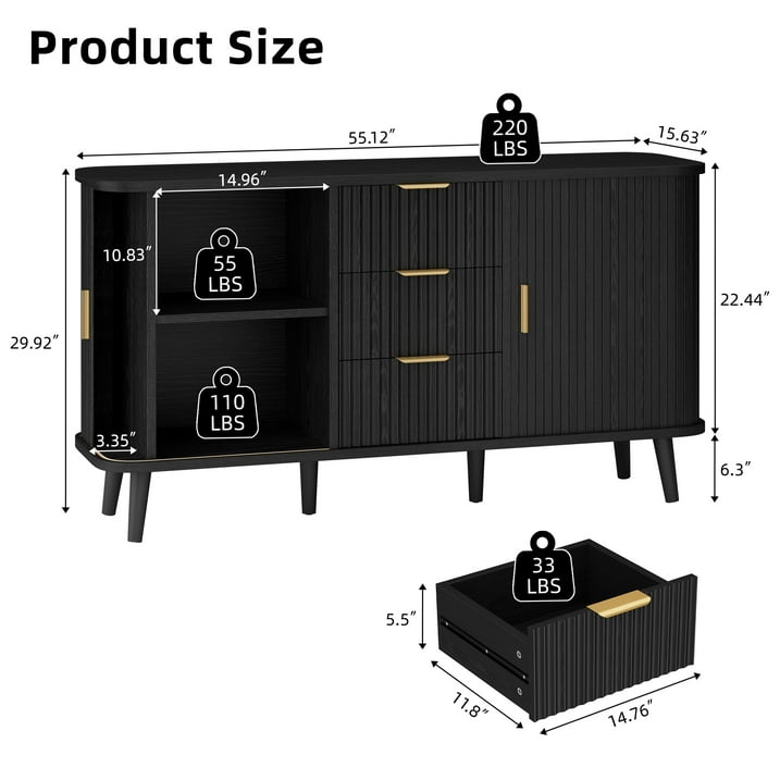 Aufeile Sideboard and Buffet, 55" Storage Cabinet with 3 Drawers and Adjustable Shelves, Modern Accent Cabinet for Kitchen, Dining Living Room, Entryway, Hallway, Black