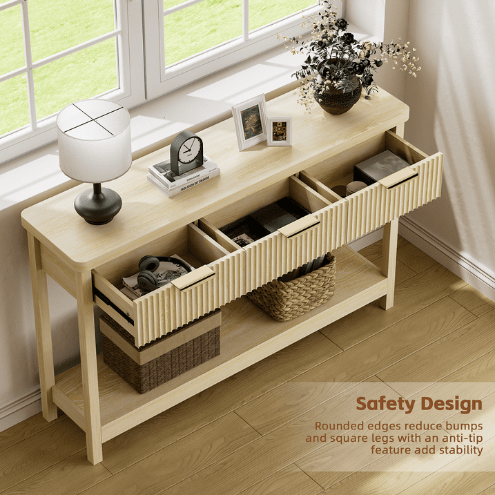Aufeile 51" Entryway Table, Fluted Console Table with 3 Storage Drawers and Open Shelf, Narrow Couch Sofa Table for Living Room Hallway Entrance Foyer, Natural Oak