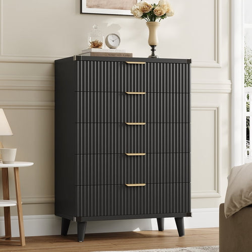 Aufeile 39.4" Tall Dresser for Bedroom, 5 Drawer Fluted Wood Dresser, Modern Chest of Drawers with Wave Panel, Slim Storage Cabinet for Small Spaces, Black