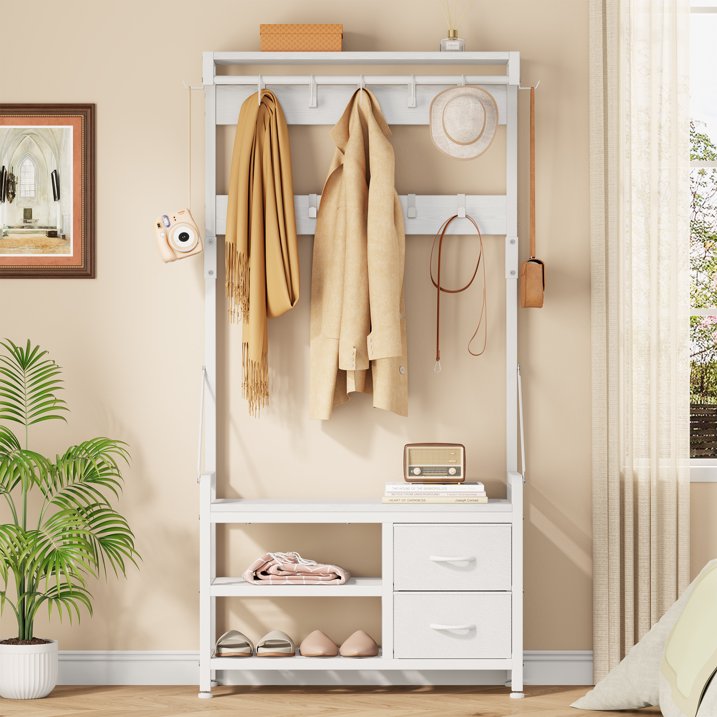 Aufeile Hall Tree with Bench, 6-in-1 Entryway Storage Organizer with Shoe Rack, 17 Hooks, 2 Drawers, Hanging Rod & Top Shelf, Industrial Coat Rack for Hallway, Living Room, White