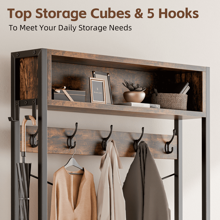 Aufeile Hall Tree with Bench, 5-in-1 Entryway Storage Organizer with Shoe Rack, 7 Hooks, 3 Drawers & Top Shelf, Industrial Coat Rack for Hallway, Living Room, Brown