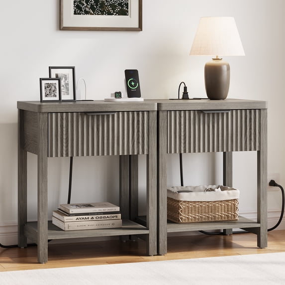 Aufeile Fluted Nightstand with Charging Station, Modern Bedside Table with Drawer & Open Shelf, End Table with 2 AC Outlets, USB & Type-C Ports for Bedroom or Living Room, Dark Grey Oak